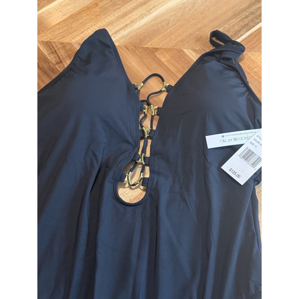 Bleu Rod Beattie One Piece Swimsuit Women 4 Black Plunge Gold Hardware NWT - Picture 2 of 9